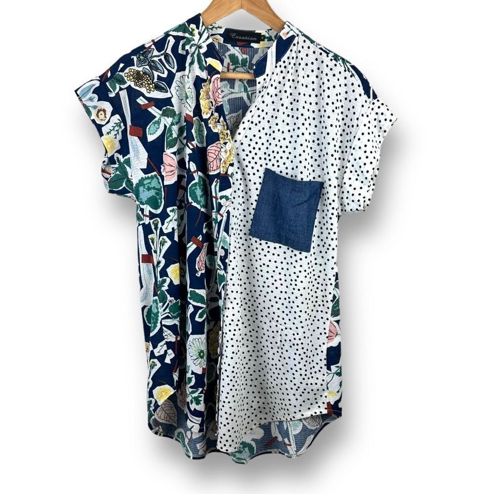 Creation mixed print short sleeve button up top‎ size S